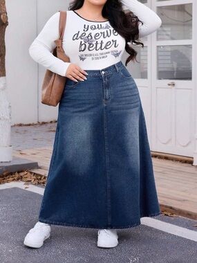 SHEIN Blue Denim Maxi Skirt with Back Pockets